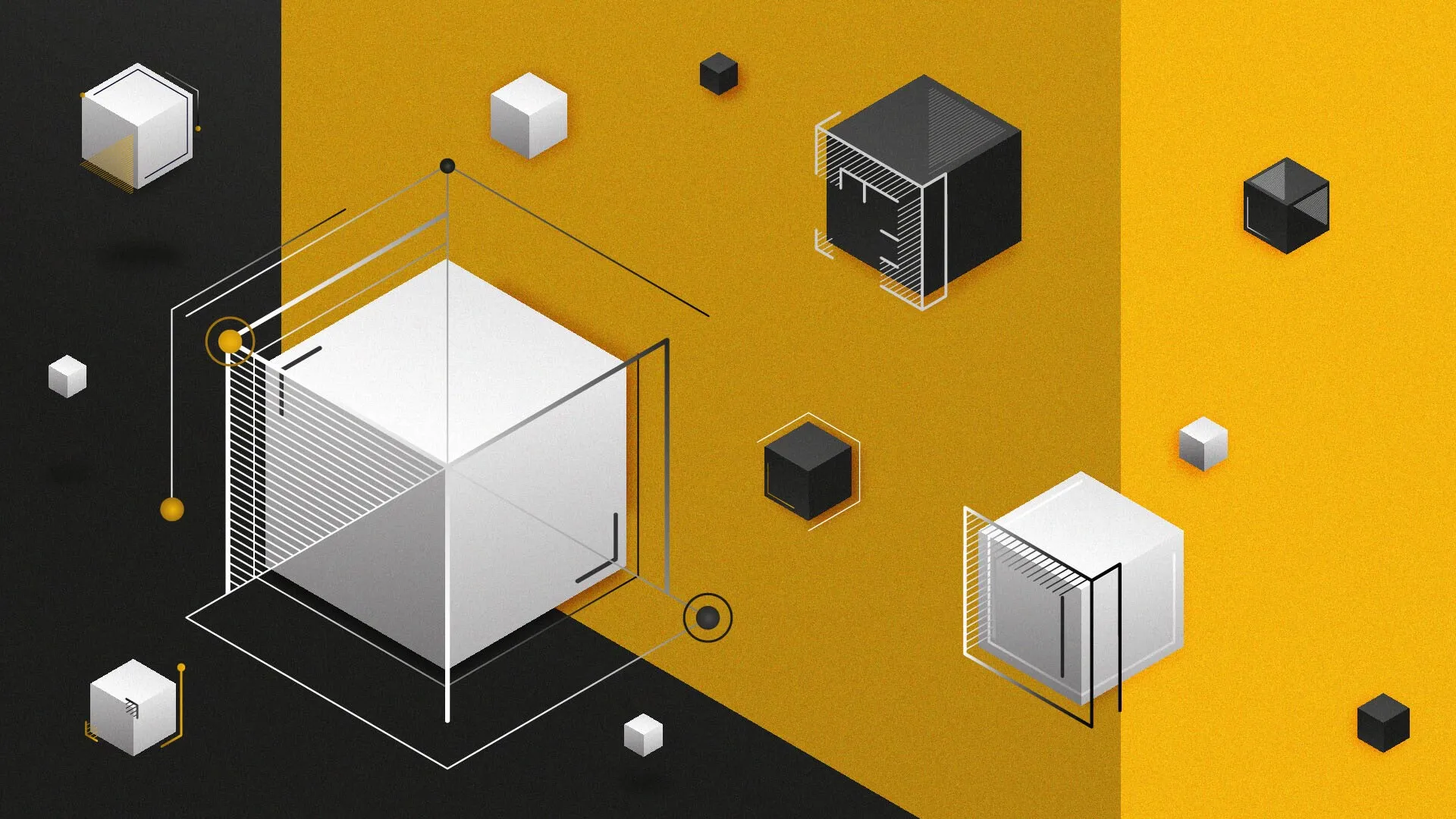 Abstract 3D white and black cubes with geometric lines on a black and yellow split background.