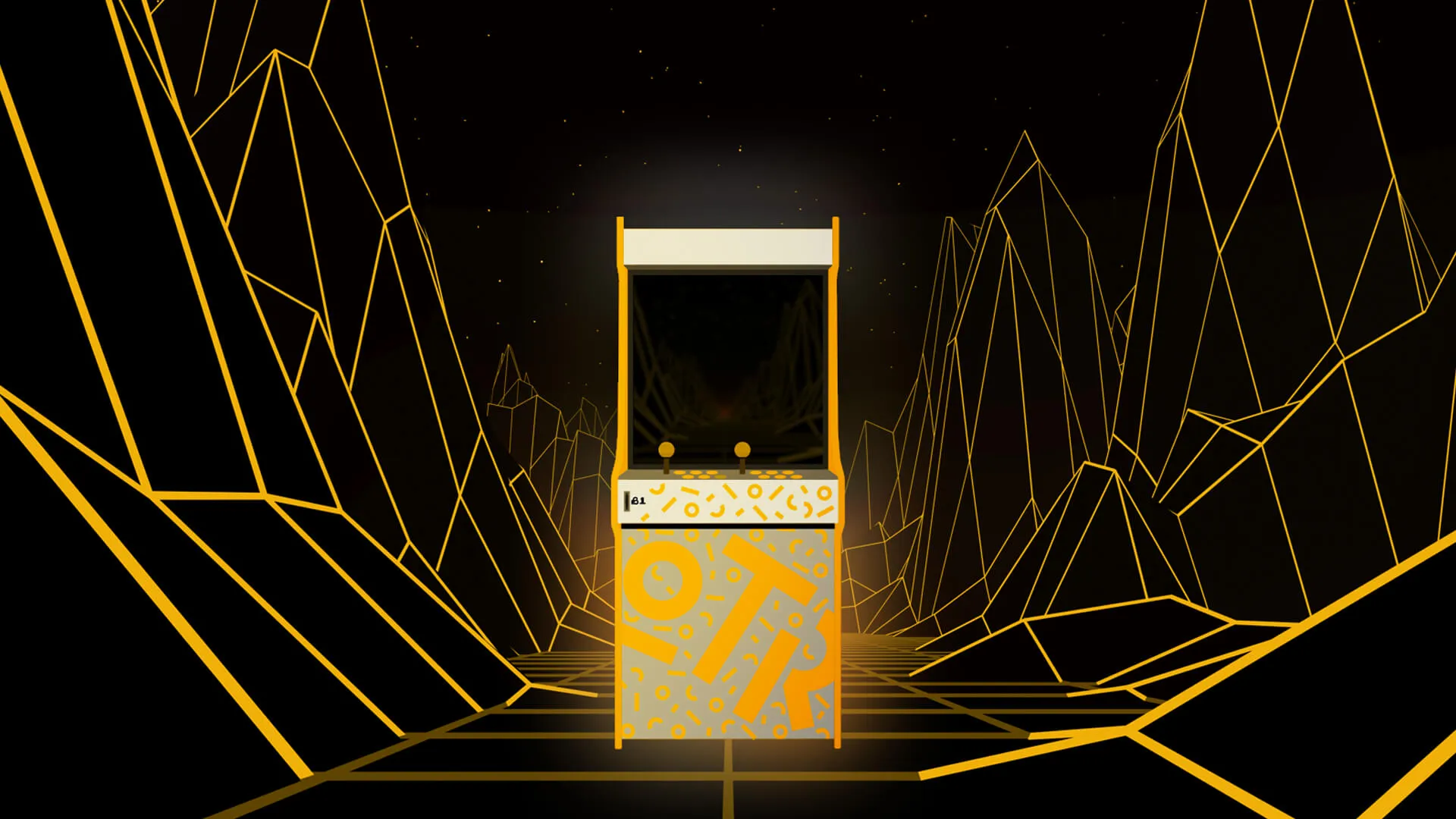 Retro arcade game machine glowing yellow in a dark, wireframe mountainous digital landscape.