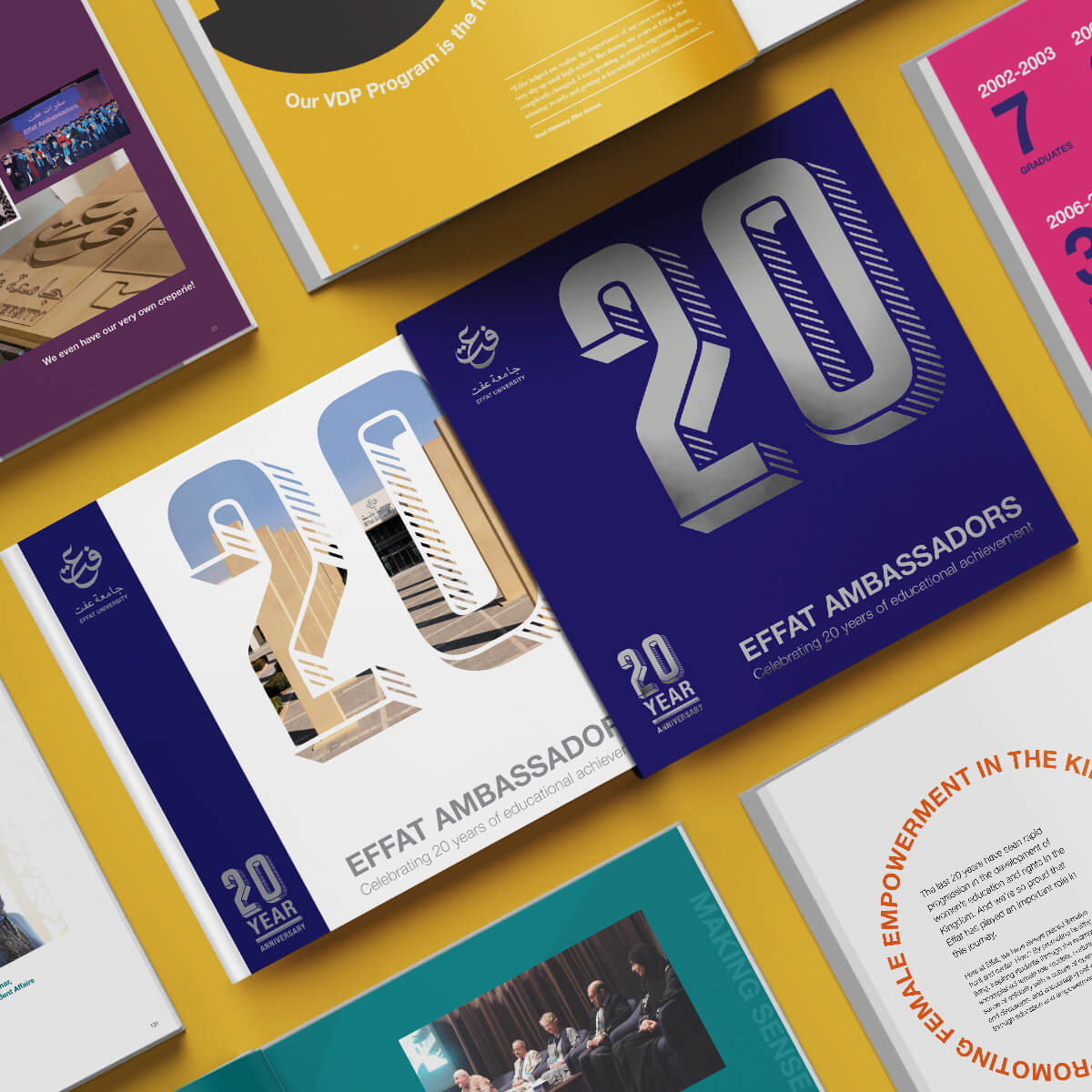 Brochures for Effat University's 20th anniversary.