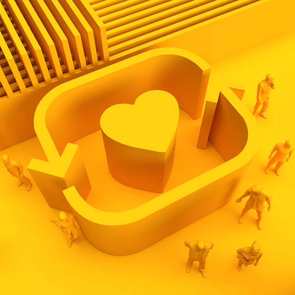 3D image of clients walking round a heart signifying a relationship