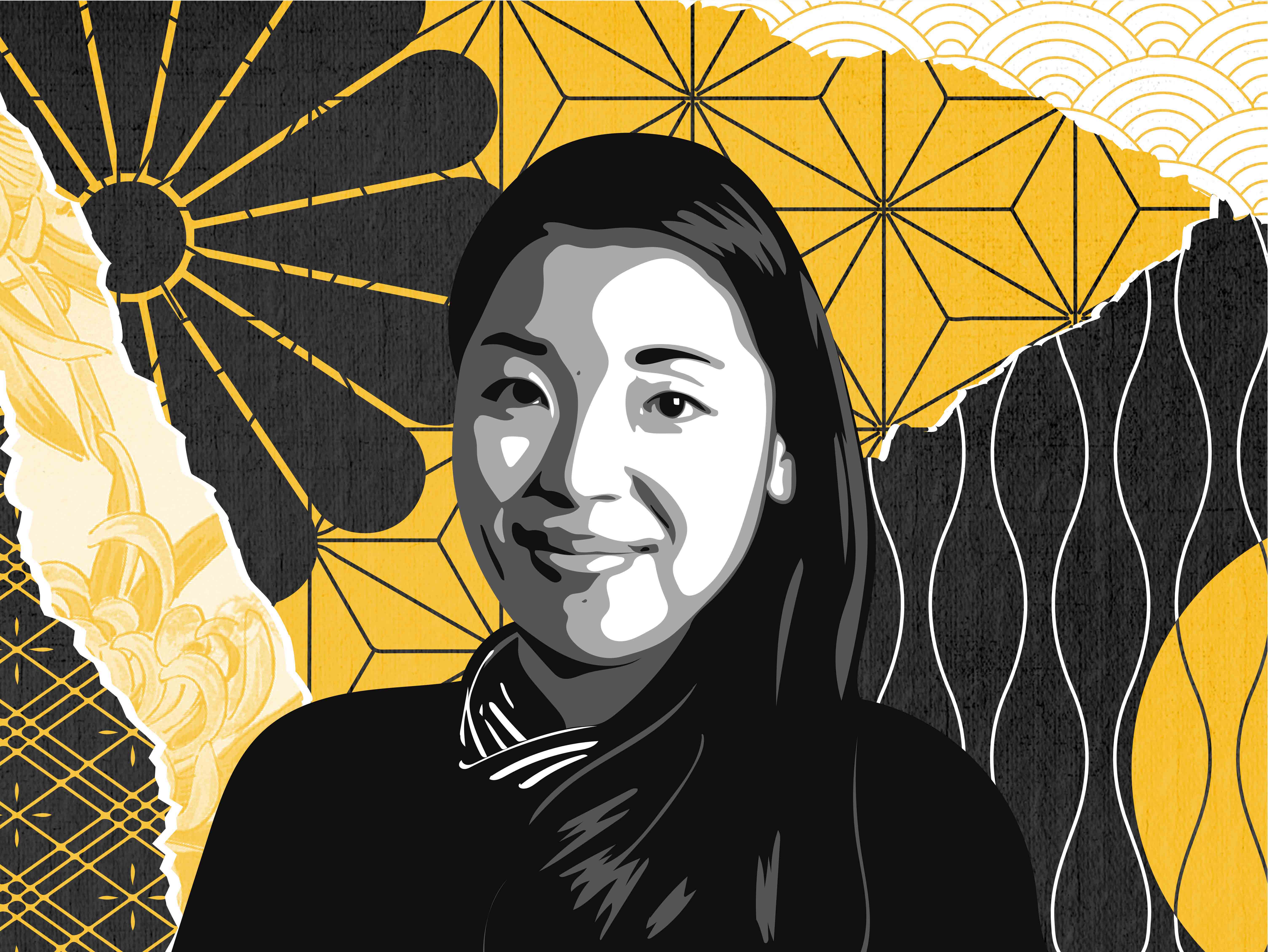 Image of P+S Digital Designer Mayumi with a pattered background