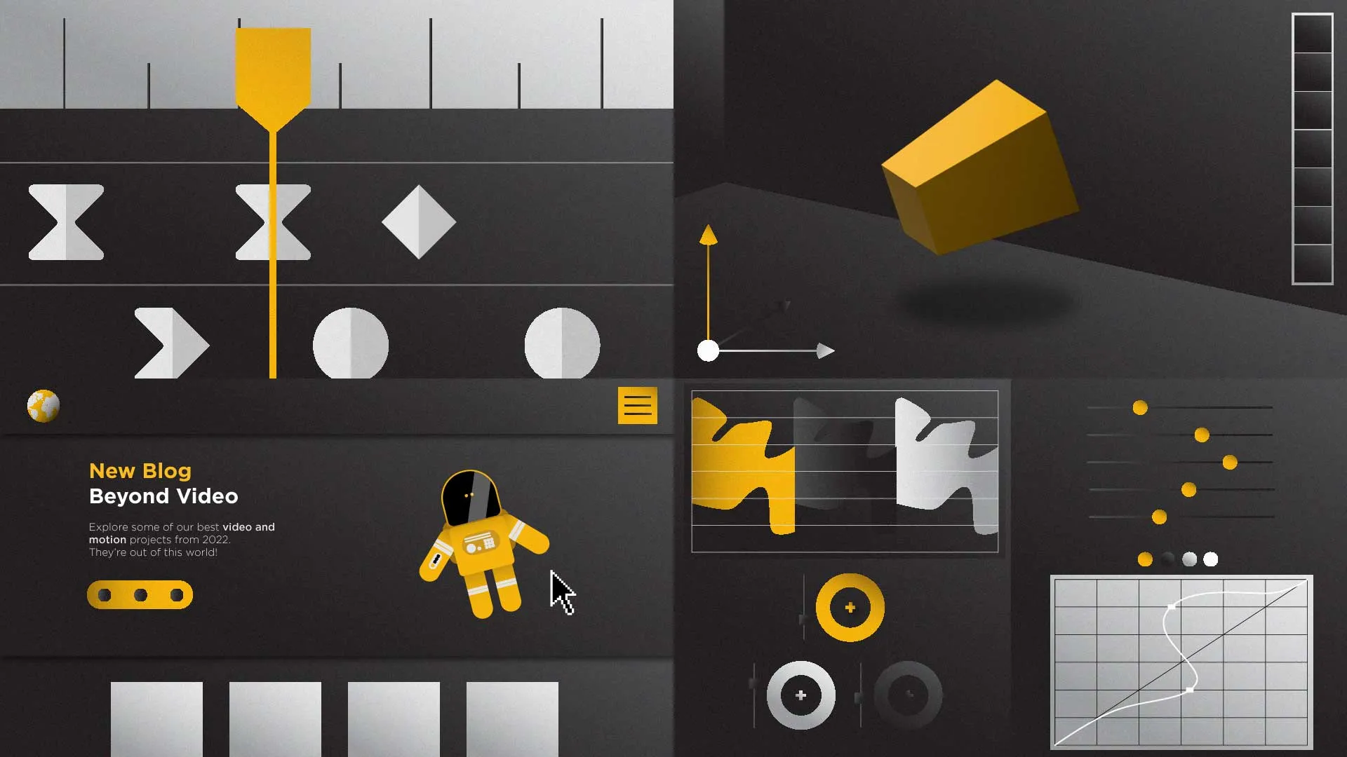 Digital animation interface with a yellow astronaut, 3D shapes, graphs, and video editing controls on a dark background.