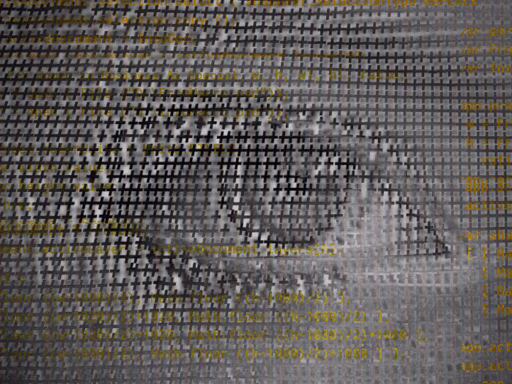 An eye made of code and plus signs representing artificial intelligence.