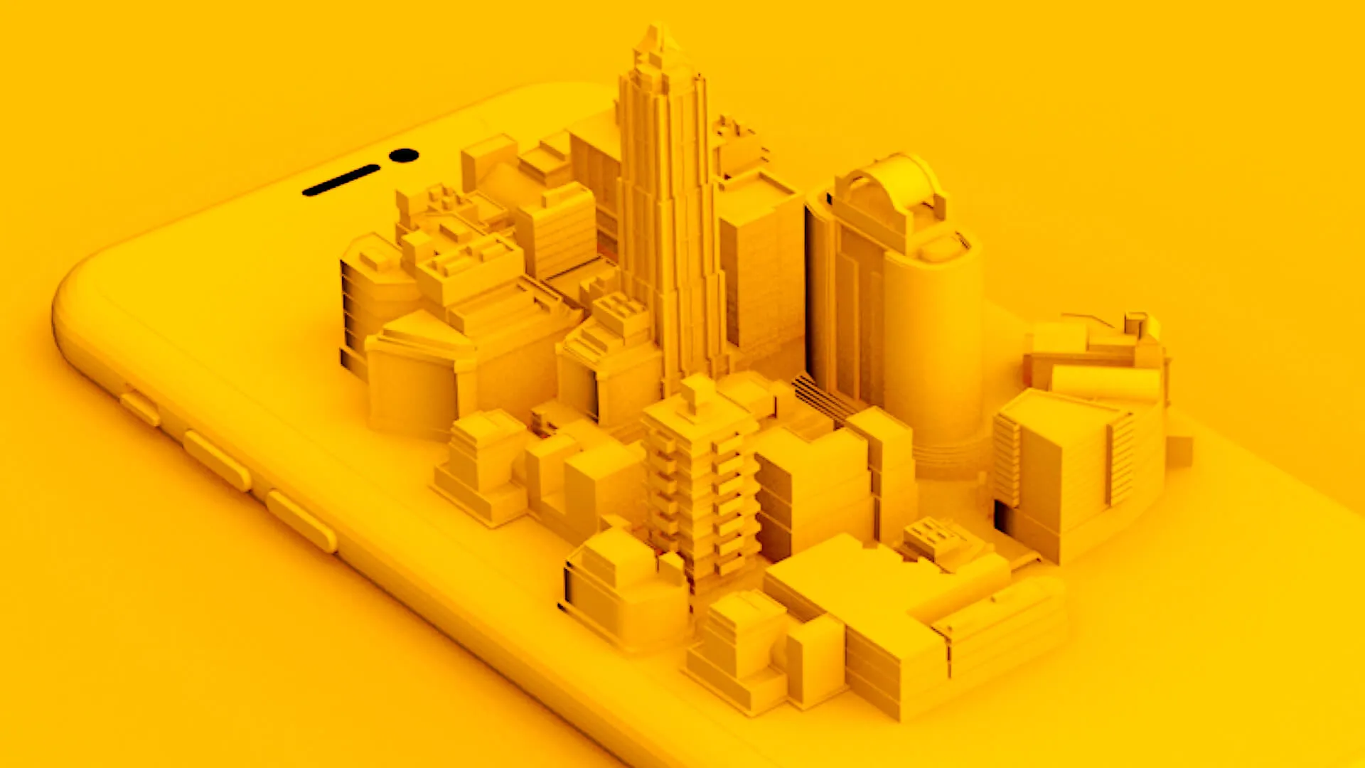 Yellow monochrome 3D cityscape model placed on a smartphone screen.