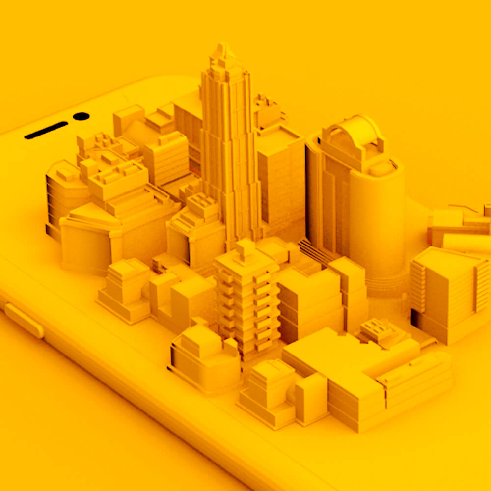 3d image of an augment reality (AR) city coming out of a phone