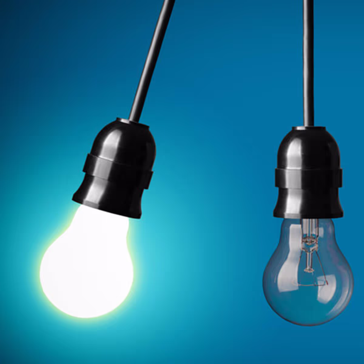 Newtons cradle of lightbulbs representing a marketing idea affecting other people.