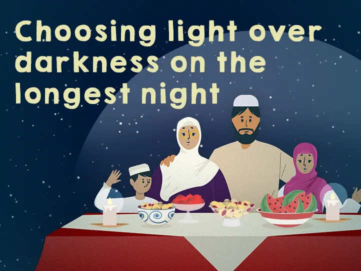 A family gathered around a korsi for Shab-e Yalda with the text 'Choosing light over darkness on the longest night'.
