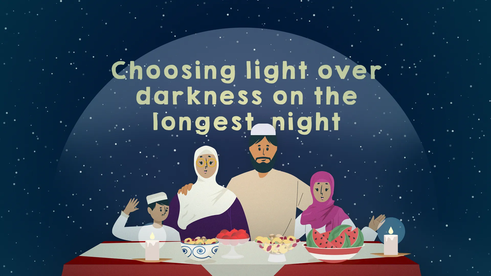 A family gathered around a korsi for Shab-e Yalda with the text 'Choosing light over darkness on the longest night'.