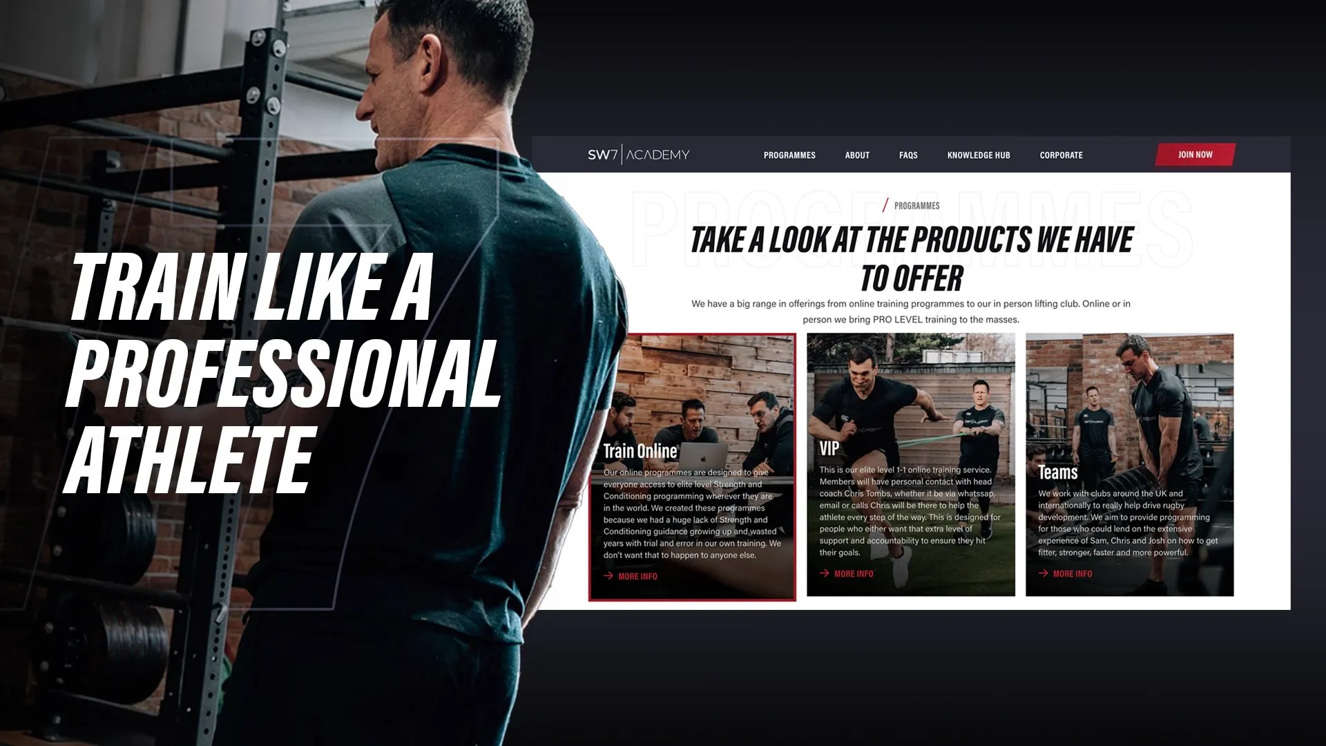 Man in dark shirt lifting weights inside a gym with text about online training programs and teams.