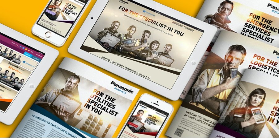 Image of tablets and brochures displaying Panasonic TOUGHBOOK assets
