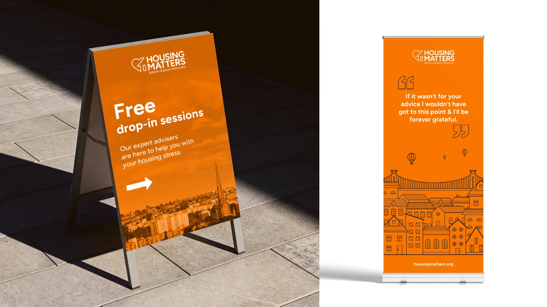 Two orange Housing Matters signs offering free drop-in housing advice and support with cityscape and bridge illustration.
