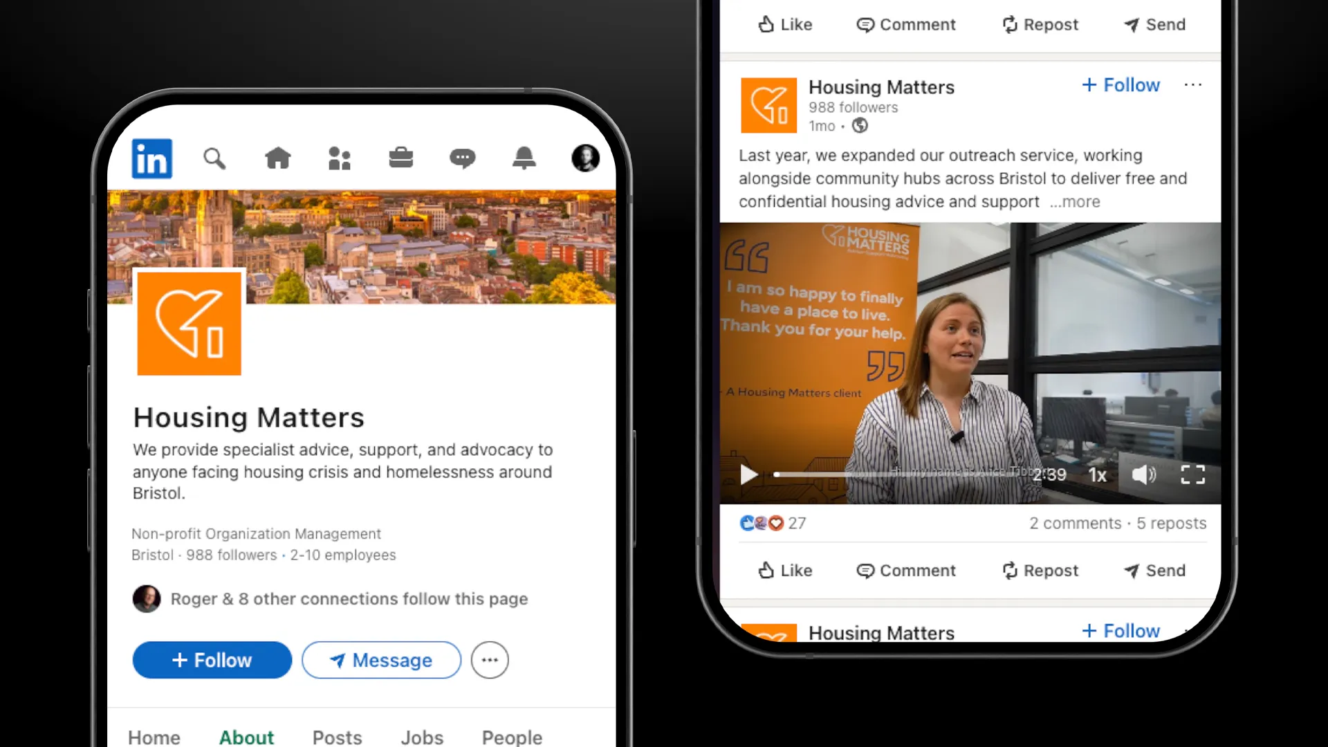 Two smartphones showing Housing Matters LinkedIn profile and a video testimonial from a client.