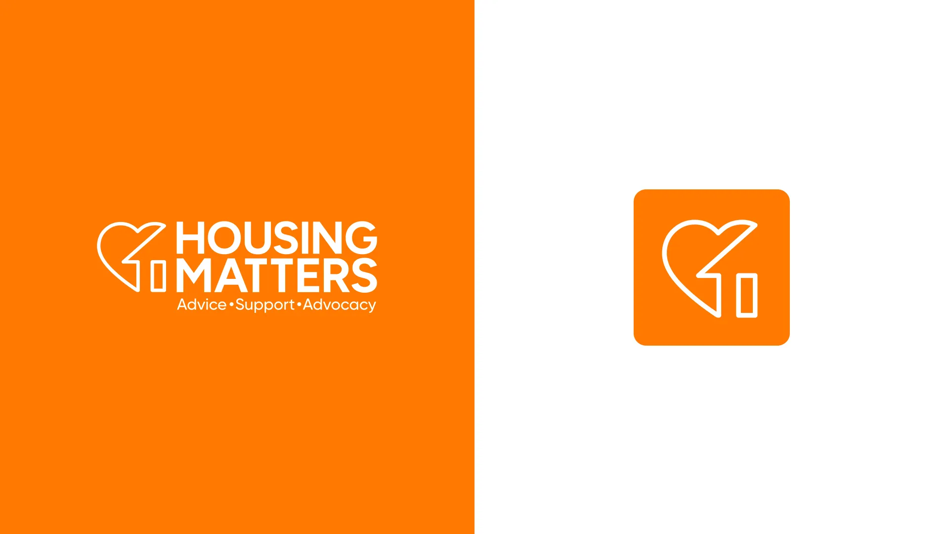 Housing Matters logo with heart and house icon and tagline Advice Support Advocacy on orange background