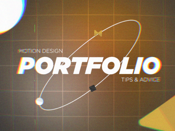 An image of atoms with the text 'motion design portfolio tips and advice'