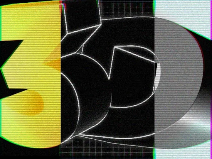 Abstract image with overlapping '3D' letters and numbers in black, white, grey, and yellow.