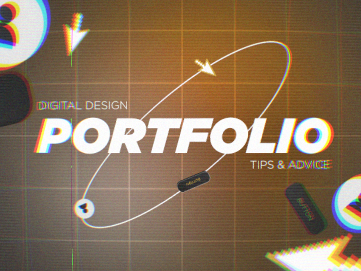 An image of atoms with the text 'digital design portfolio tips and advice'