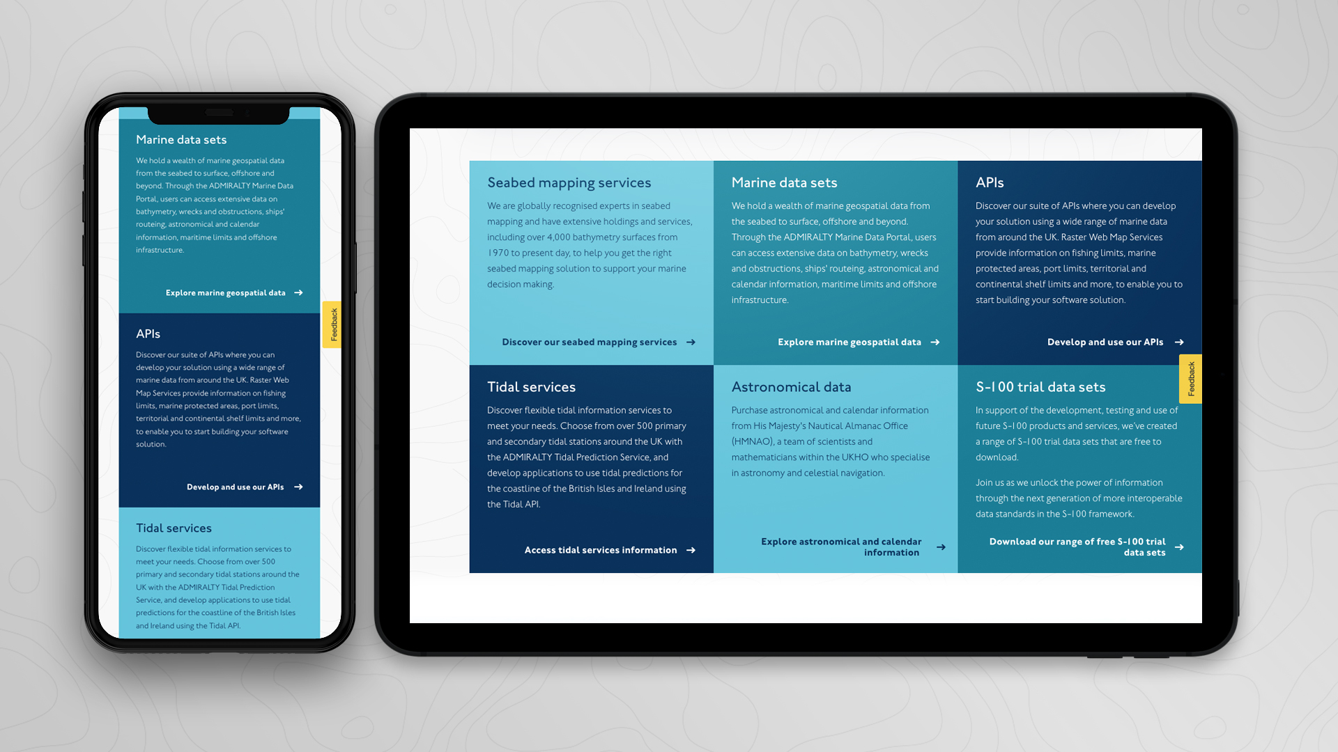 Blue tiles on an admiralty web page displayed on mobile and tablet
