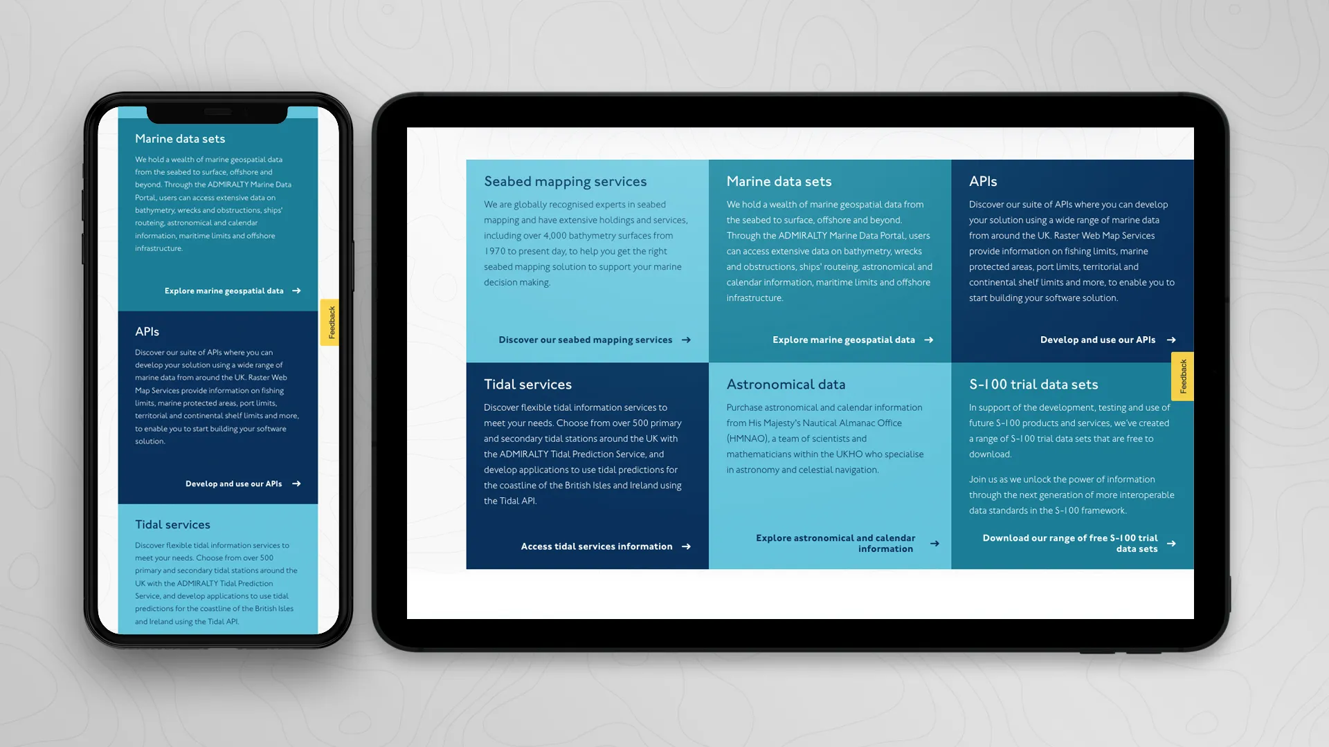 Blue tiles on an admiralty web page displayed on mobile and tablet
