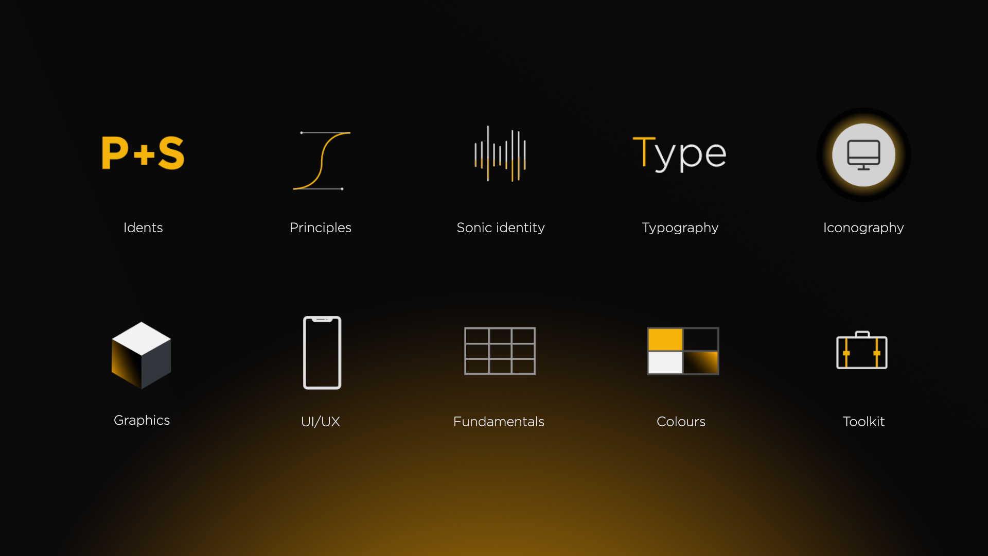 The components that make up motion guidelines including idents, principles, sonic identity, typography, graphics and logos for each one.