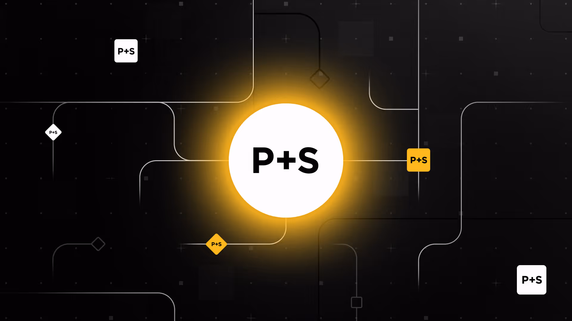 P+S logo glowing in the centre of the image with small icons branching out from it on a dark background.