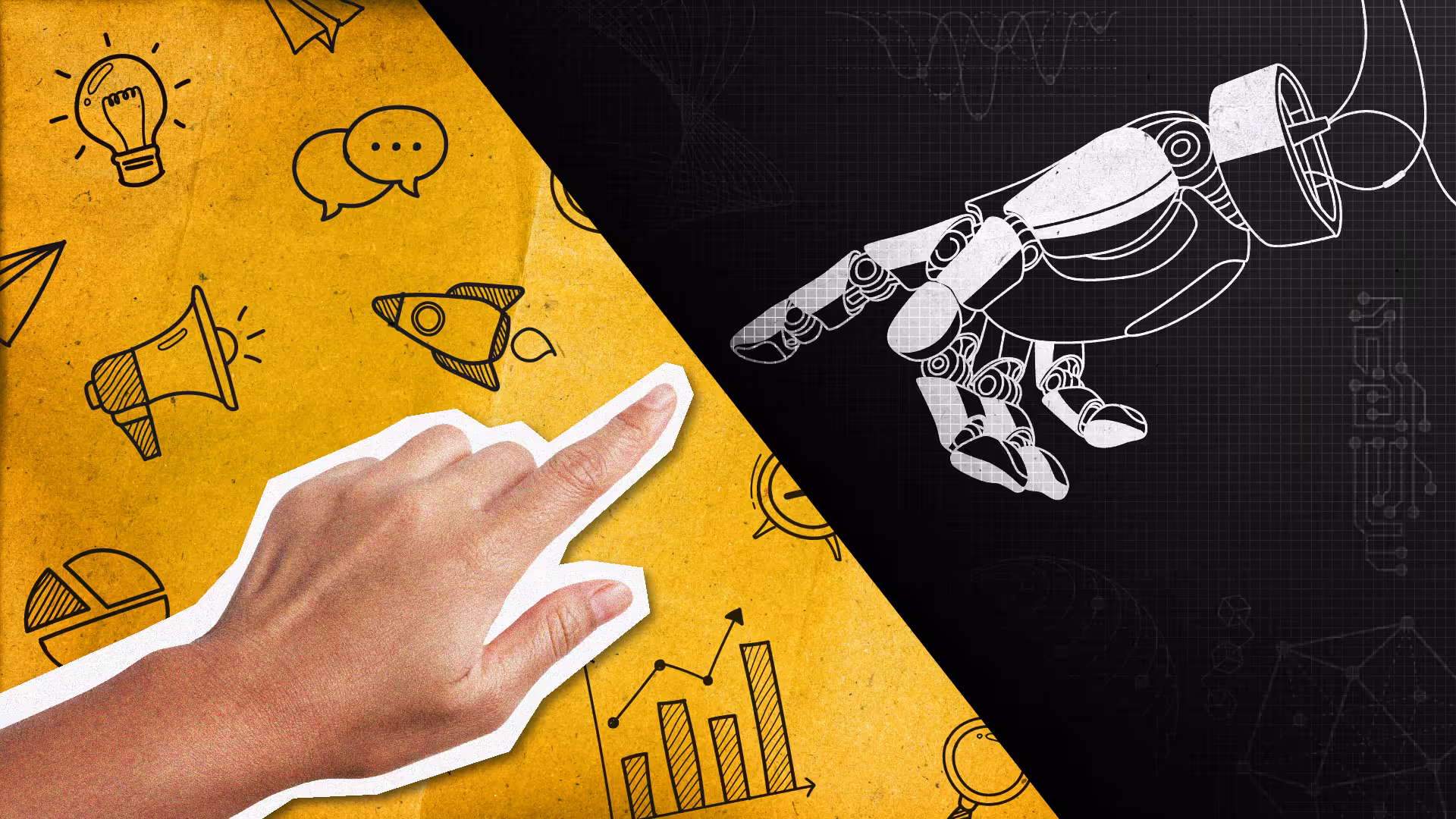 A human hand and robot hand reaching out to each other with their index fingers stretched out.