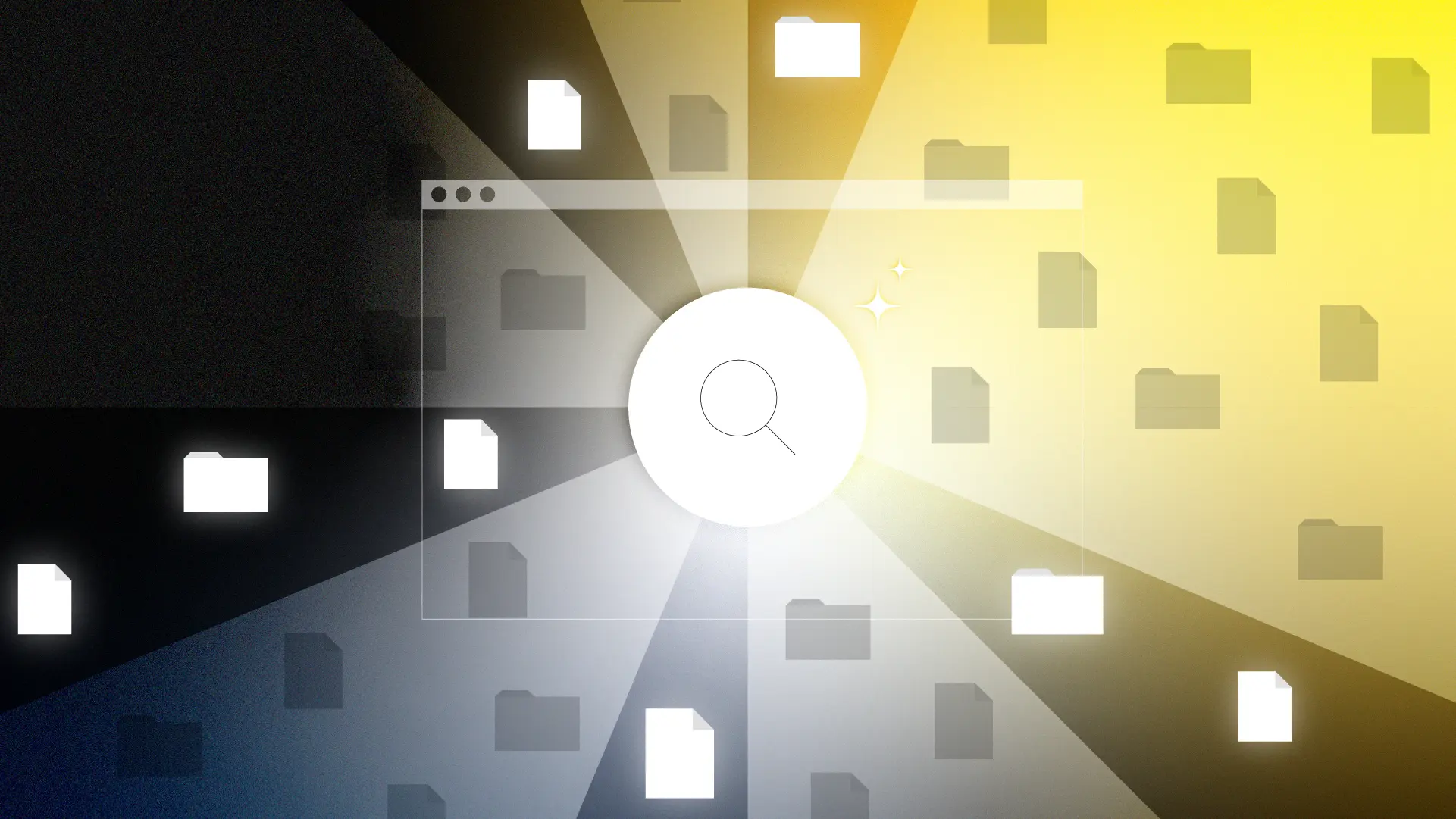 Abstract illustration of a website search interface with a magnifying glass surrounded by digital files and folders, symbolising smarter website search and information discovery.