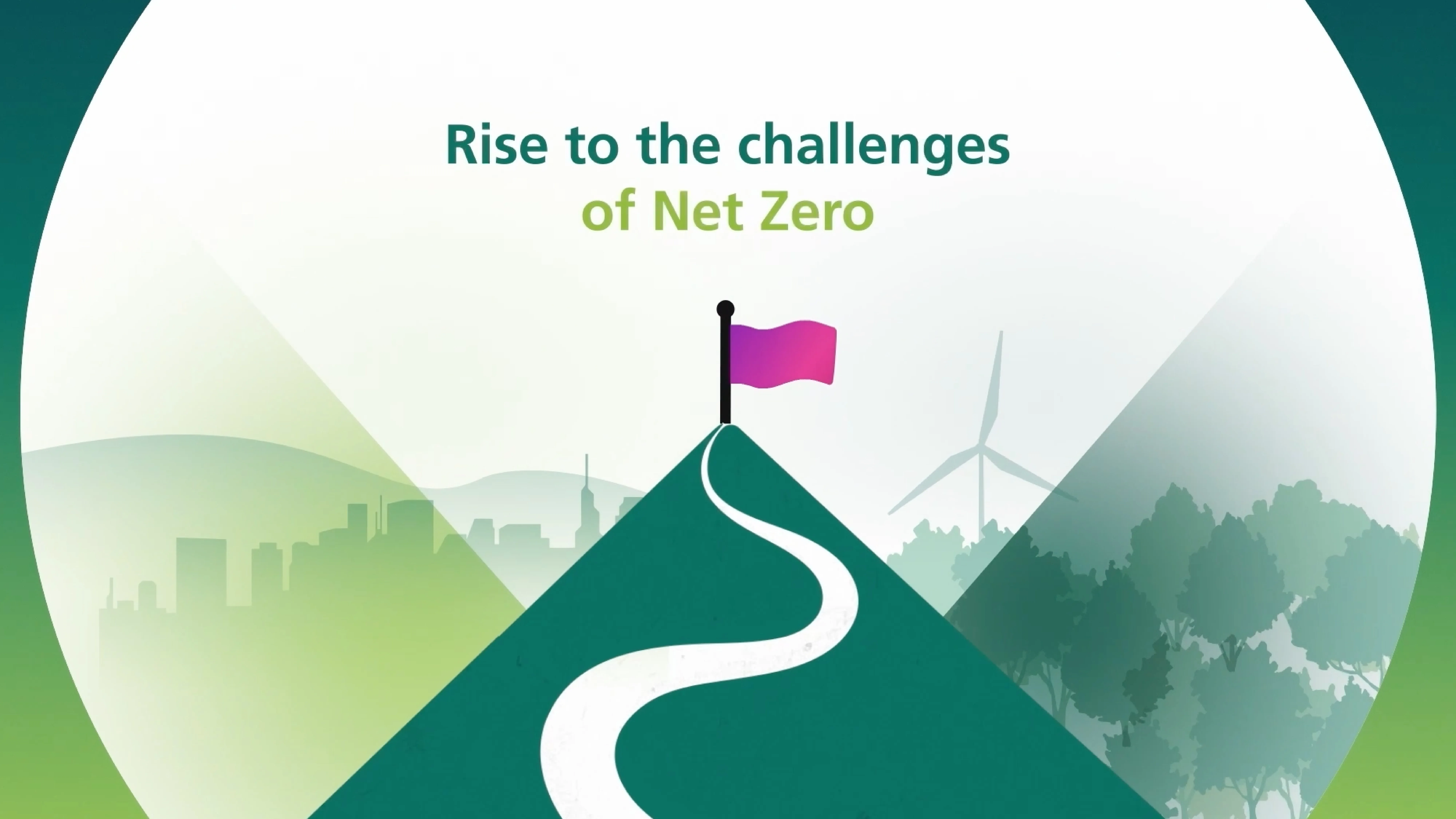 Pink flag atop a green hill with woodland and city behind it. The text reads 'Rise to the challenges of Net Zero'.
