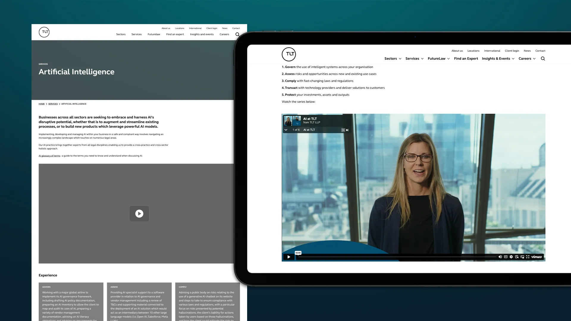 Website pages showing Artificial Intelligence services with text and a woman speaking in a video on a tablet.
