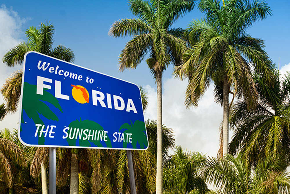 Welcome to Florida highway sign with palm trees and partly cloudy blue sky in the background.