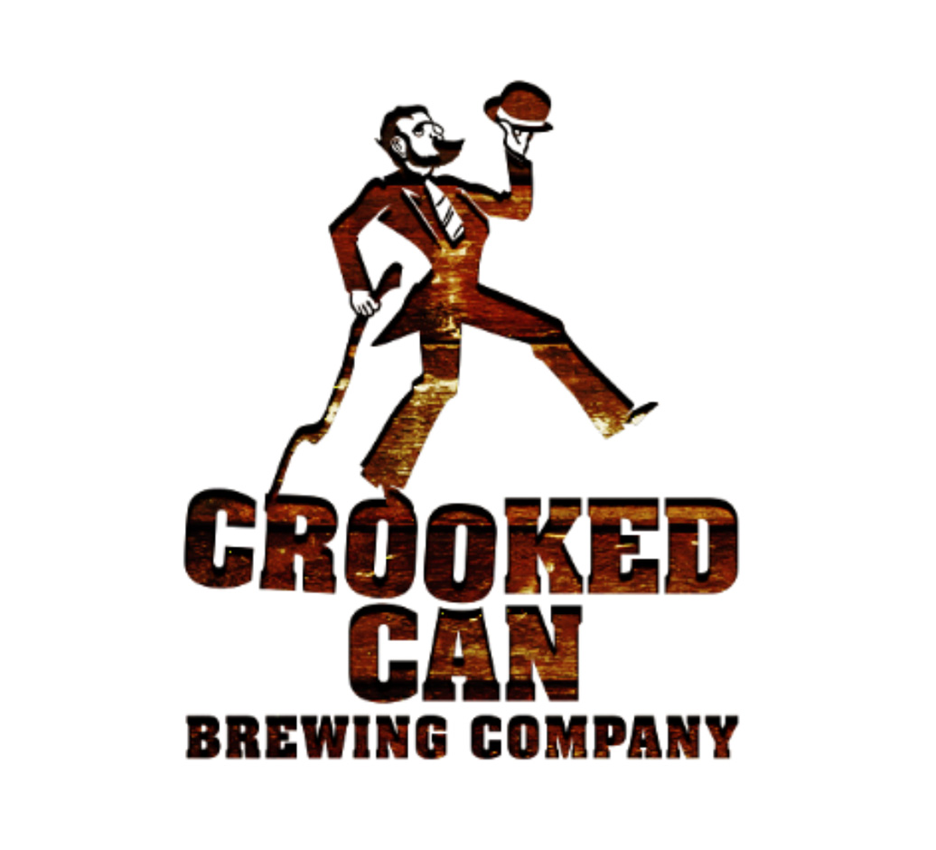 Logo of Crooked Can Brewing Company featuring a stylized man in a suit and tie holding a hat and walking with a cane.