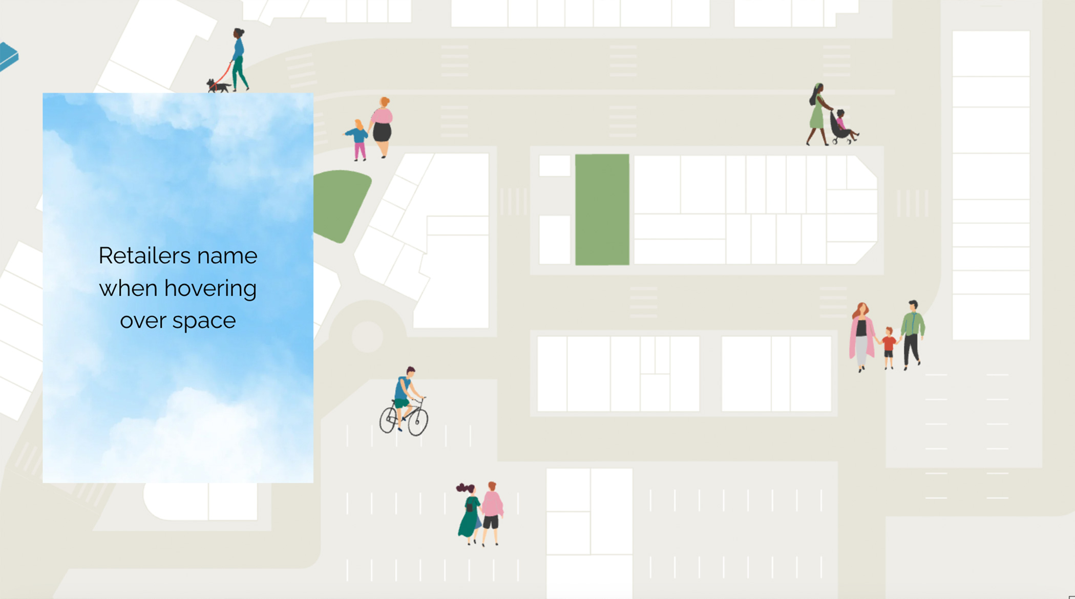 Illustrated map of a shopping area with people walking, a cyclist, and a blue overlay indicating 'Retailers name when hovering over space.'