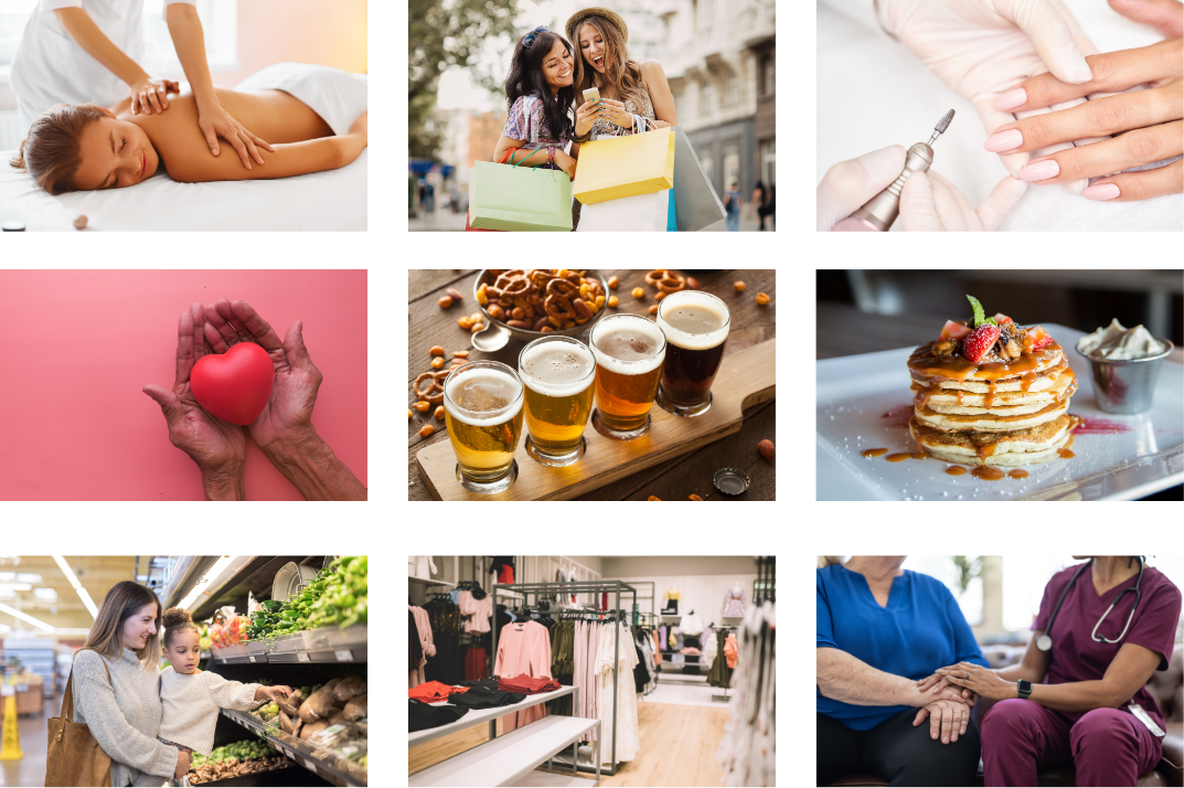 Collage of nine images including woman receiving a massage, two women shopping with bags, close-up of a manicure, hands holding a red heart, four glasses of beer on a wooden tray, stack of pancakes with syrup and strawberries, mother and child shopping for vegetables, clothing store interior, and nurse holding an elderly patient's hand.