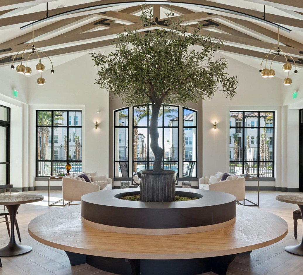Modern indoor lounge with large circular wooden bench surrounding a central potted tree under wooden ceiling beams and large windows.