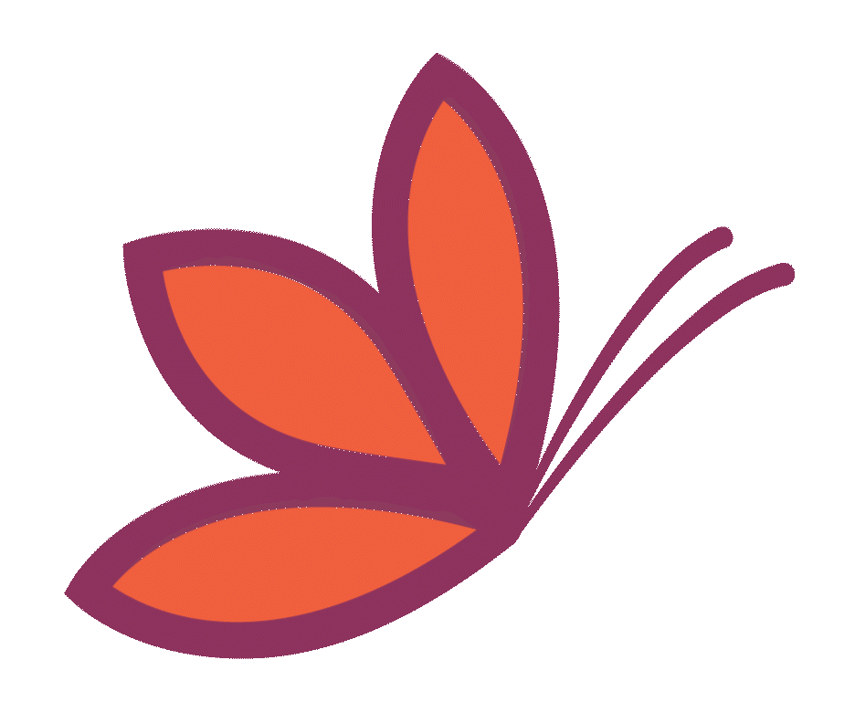 Stylized butterfly with three orange wings outlined in purple and two curved antennae.