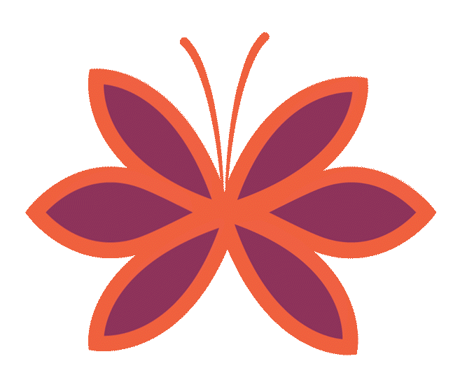 Stylized butterfly illustration with six purple wings outlined in orange and two orange antennae on a transparent background.
