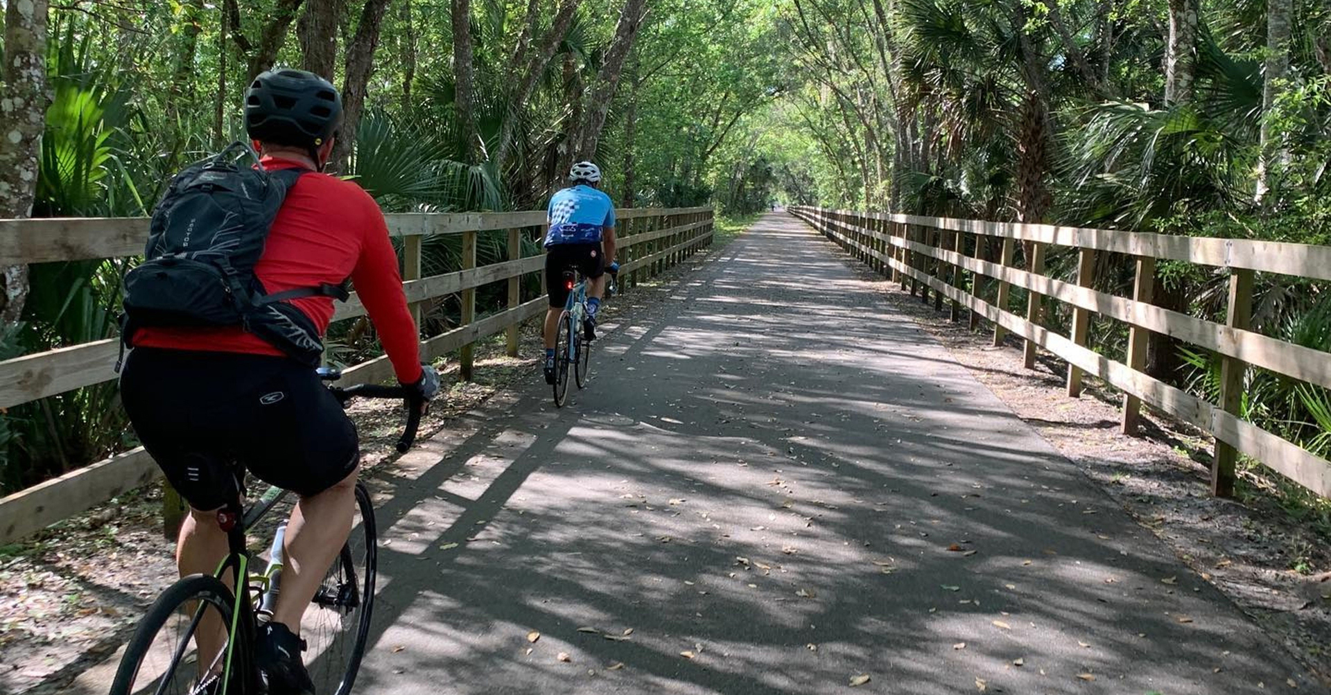 Two cyclists riding on a paved trail surrounded by dense green forest and wooden fences on both sides.