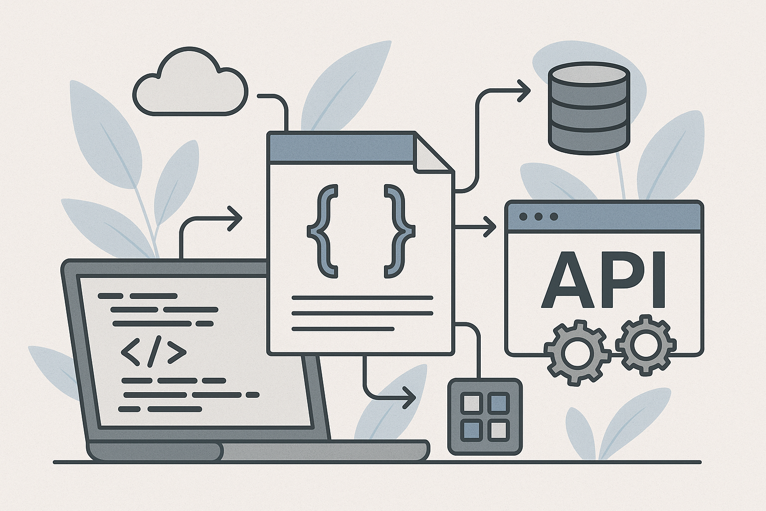 Illustration of API integration with code, documentation, and connected systems.