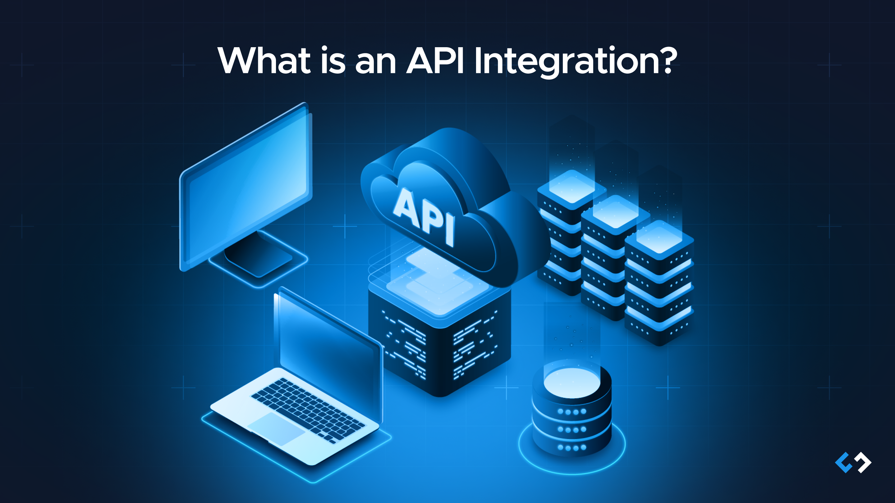 Illustration of API integration with cloud, servers, and connected devices.