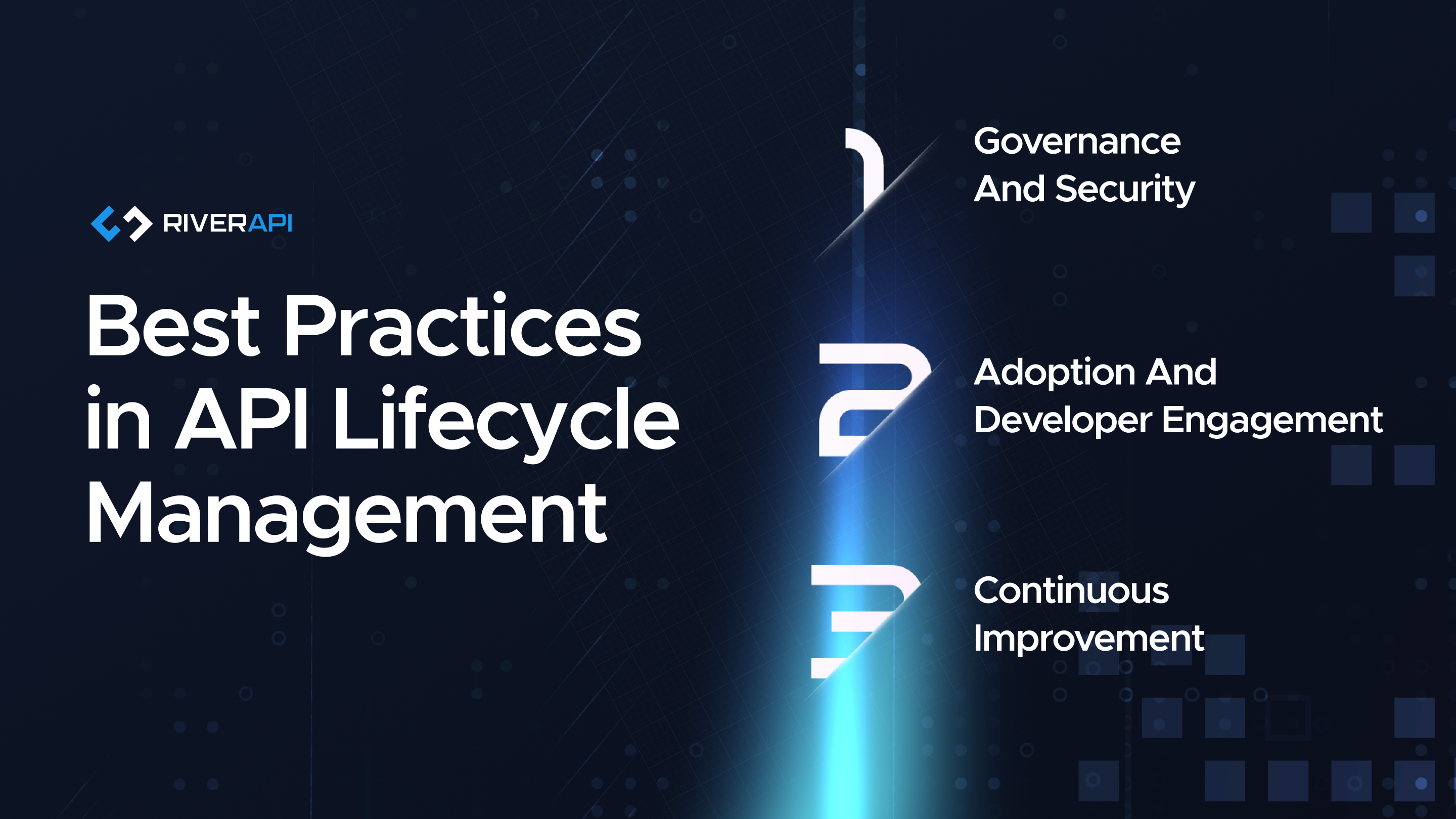 Dark-themed graphic with the RiverAPI logo and text highlighting three best practices in API lifecycle management: governance and security, adoption and developer engagement, and continuous improvement.