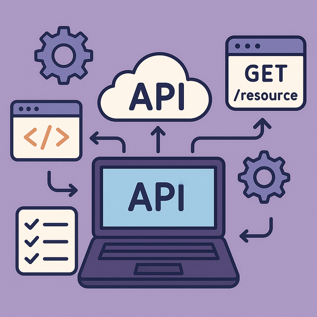 Illustration of RESTful API design showing a laptop with the word “API” on its screen, connected to a cloud labeled “API".