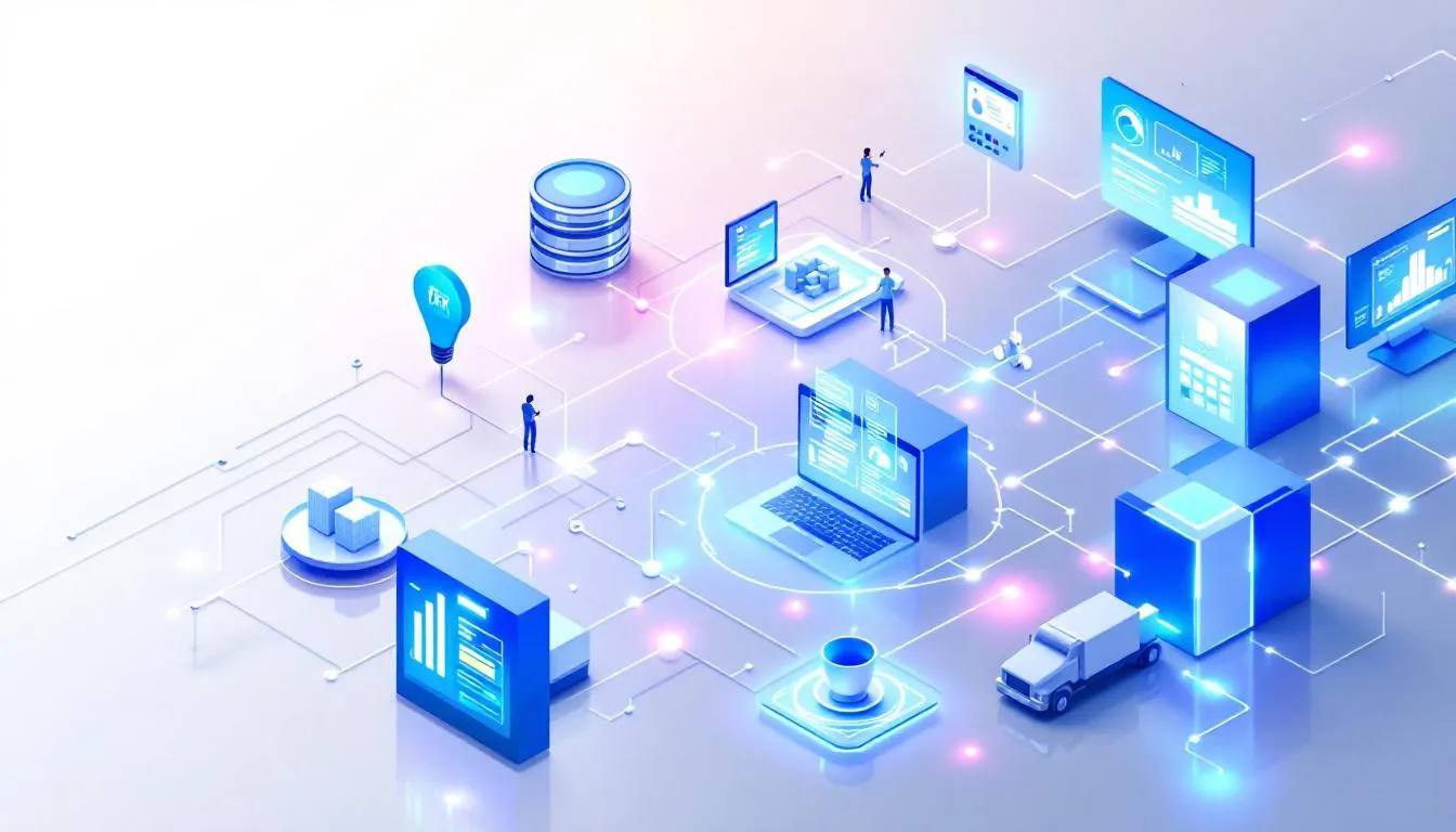 Futuristic digital illustration of ERP integration and connected business systems. Laptops, servers, dashboards, and data cubes are linked by glowing network lines, with small human figures symbolizing collaboration. The scene uses blue and violet tones to represent data flow, automation, and technology connectivity across industries.
