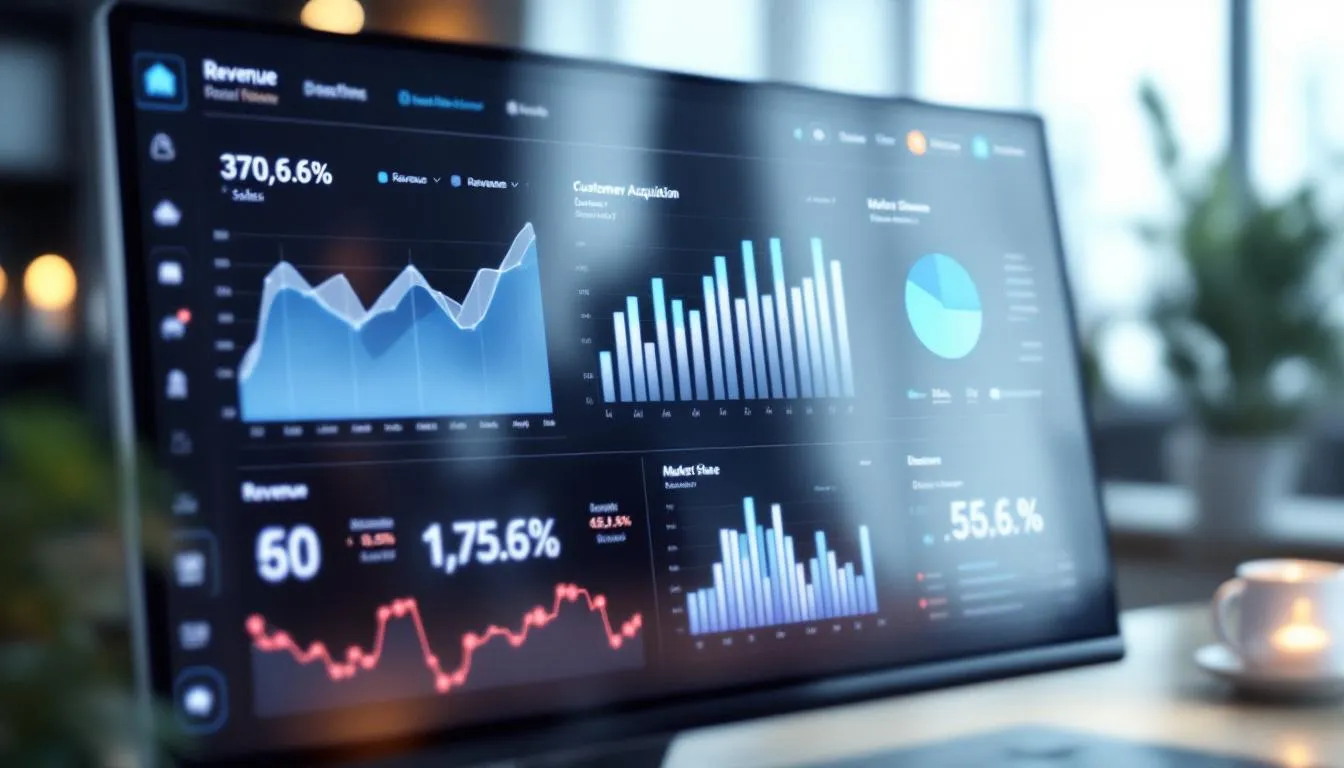 Close-up of a computer monitor displaying business analytics dashboards with charts and graphs. The screen shows data on revenue, customer acquisition, market share, and sales performance in blue and red tones, with a blurred office background and a cup of coffee nearby.