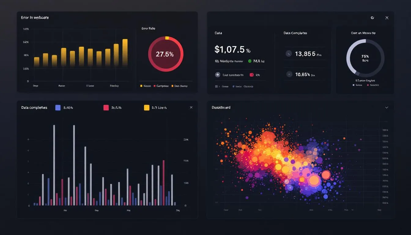 The image depicts a data quality dashboard visualization, showcasing various metrics and graphs that highlight data accuracy and integration across multiple systems, including customer relationship management (CRM) and enterprise resource planning (ERP) platforms. This dashboard serves as a tool for managing customer data, enhancing operational efficiency, and streamlining processes.