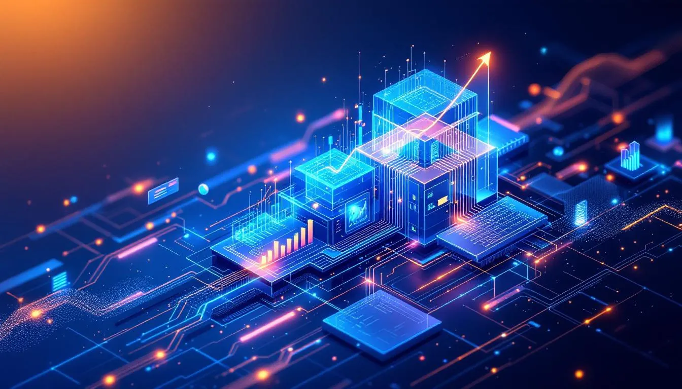 The image depicts a visualization of business growth through integrated systems, showcasing the seamless flow of customer data across multiple platforms. It highlights the importance of CRM system integration and data accuracy in enhancing customer relationships and streamlining processes.