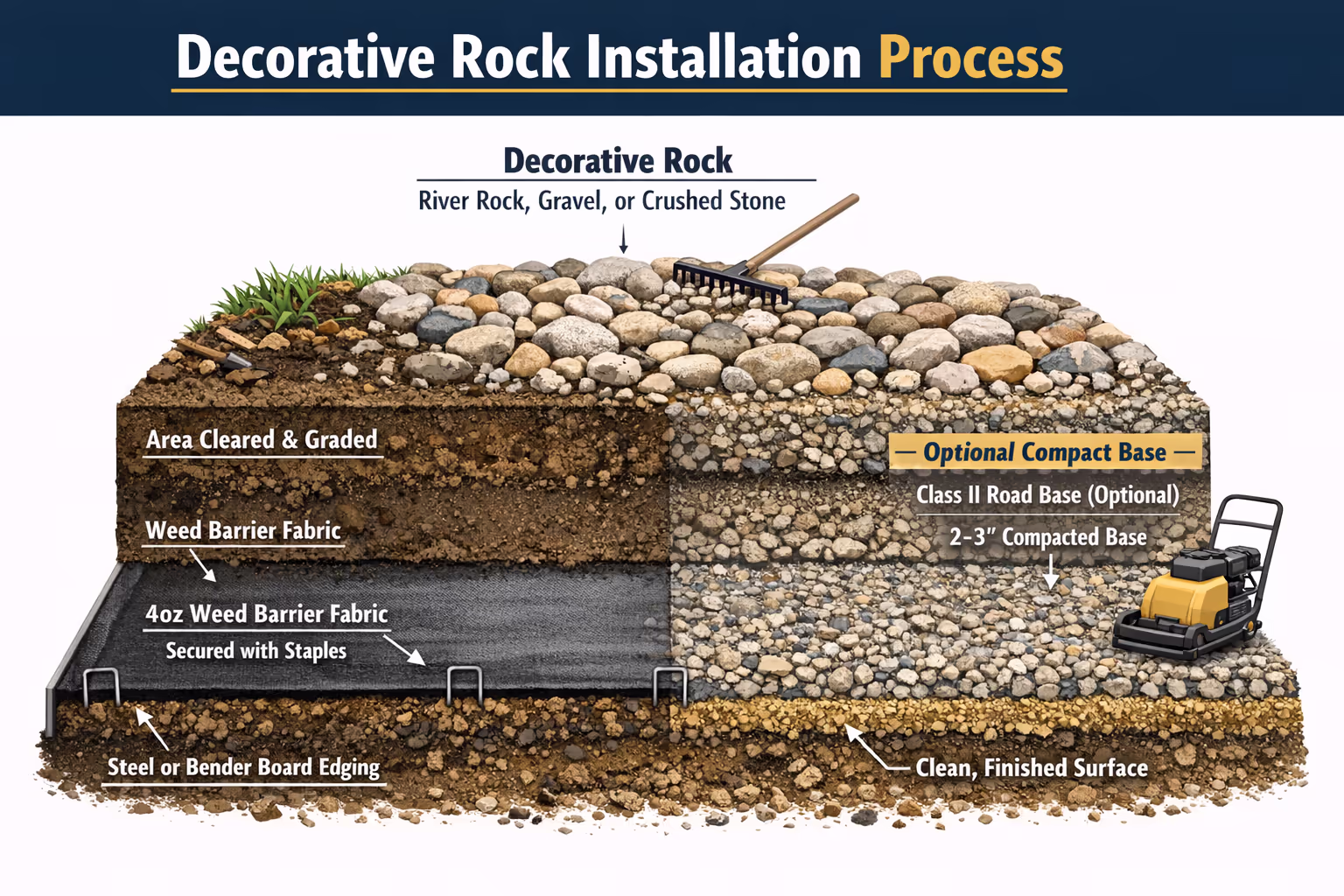 Decorative rock landscape under construction in the High Desert