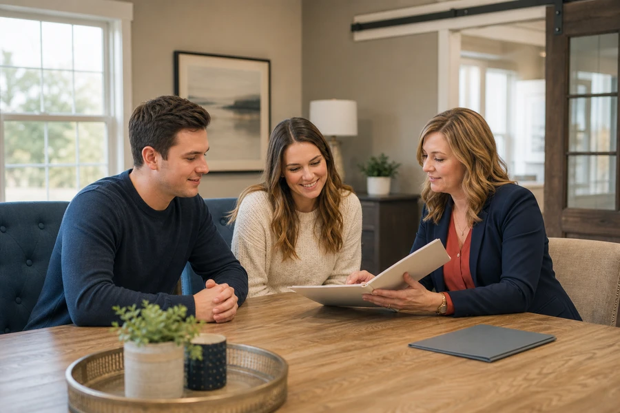 Buyer and Realtor reviewing the next steps after an accepted offer with a title professional.