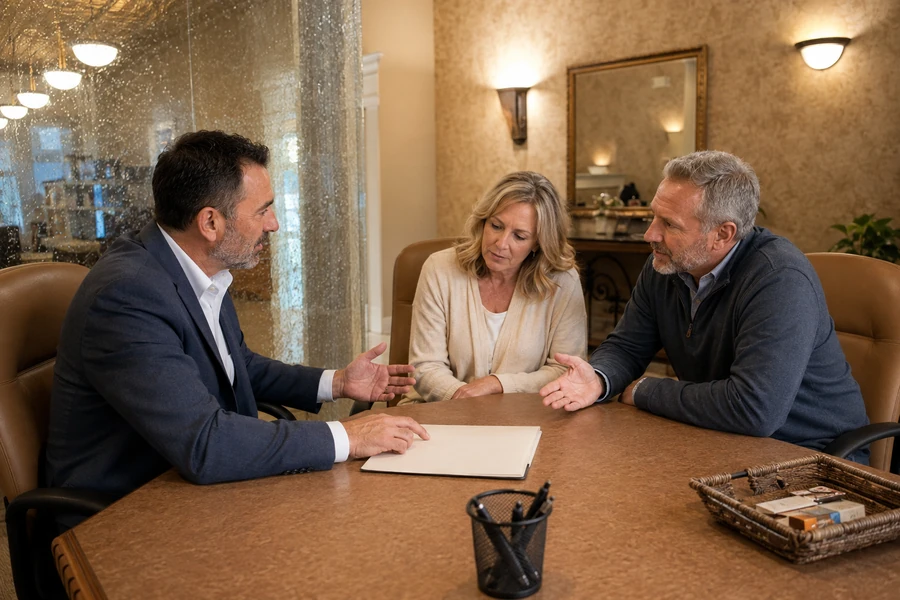 Illinois couple discussing estate-planning options with an attorney in the Macon County Title closing office.