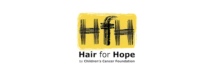 Hair for Hope logo with stylized HfH letters inside a yellow rectangle and slogan below.