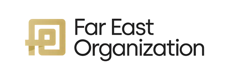 Far East Organization logo with stylized gold square spiral on the left and text on the right.
