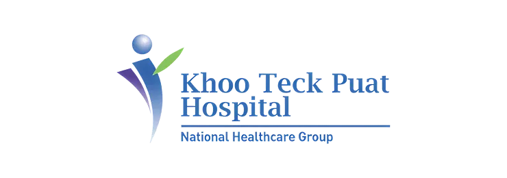 Logo of Khoo Teck Puat Hospital with blue and green abstract human figure and text.
